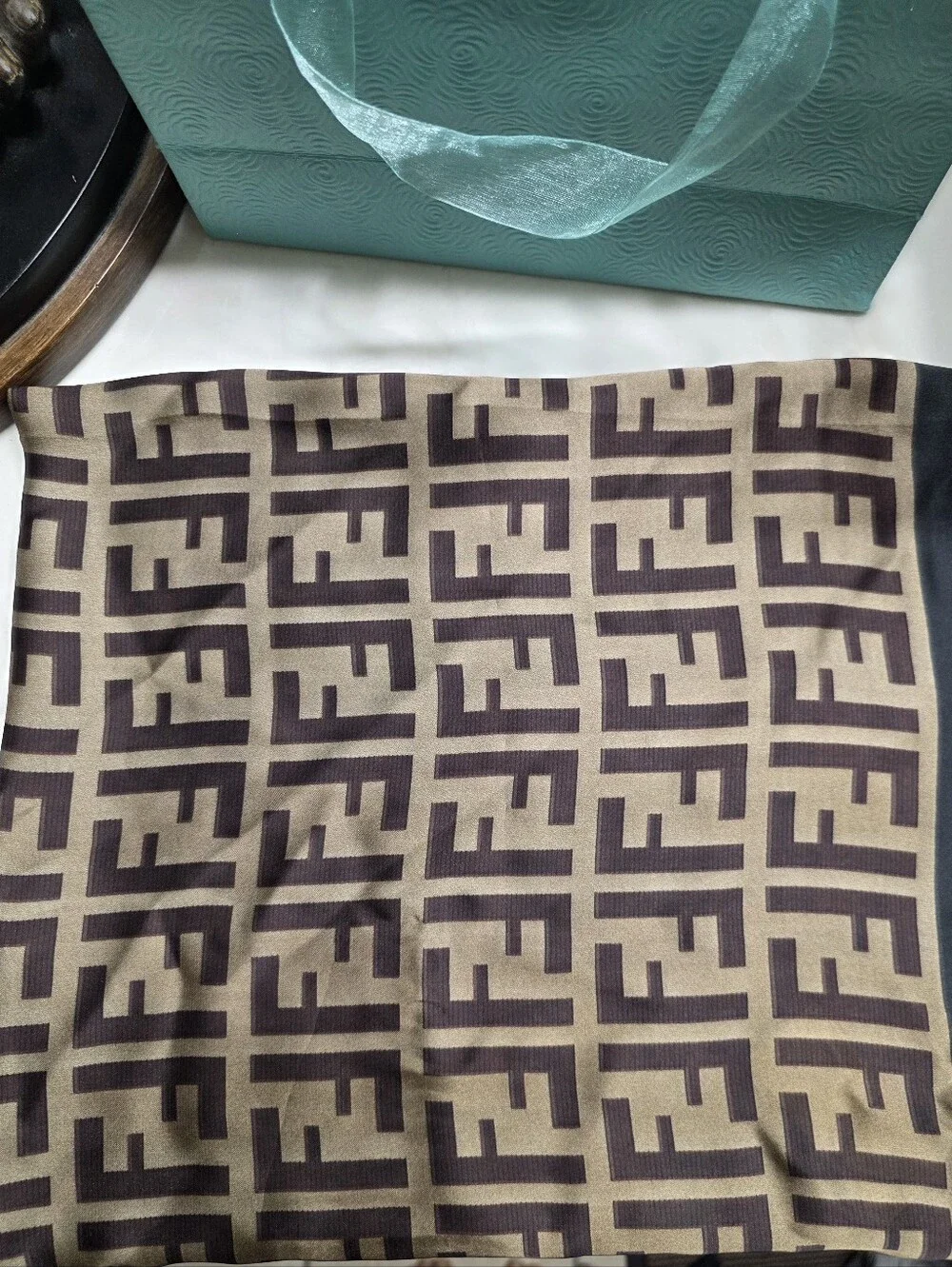 Monogram Pattern Silk Scarf in Beige and Dark Brown